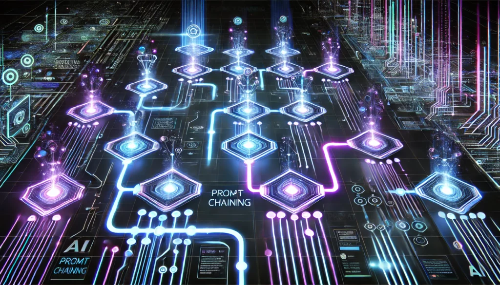 A futuristic digital illustration representing Prompt Engineering in AI. The image showcases a sequence of interconnected glowing prompts